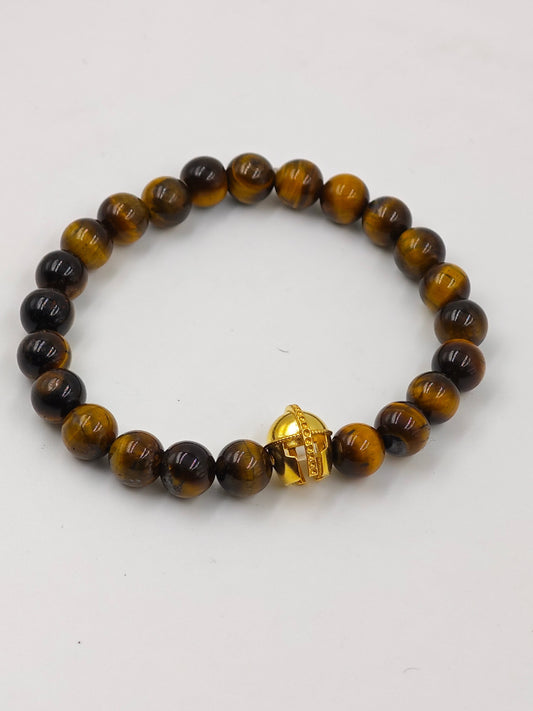 YELLOW TIGER EYE BEADED BAND WITH SILVER WARRIRO CAP CLASP GOLD PLATTED