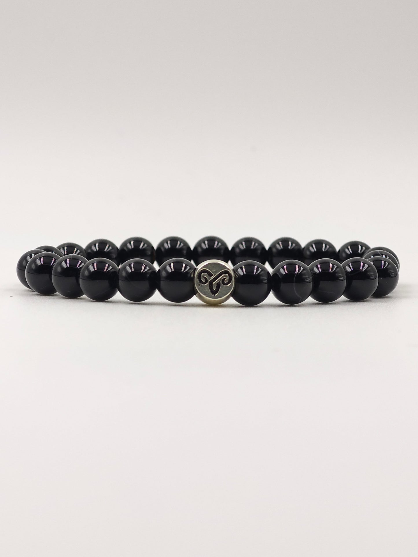 BLACK OBSIDIAN BEADED BAND WITH SILVER G.O.A.T SIGNATURE ROUND DRUM CLASP
