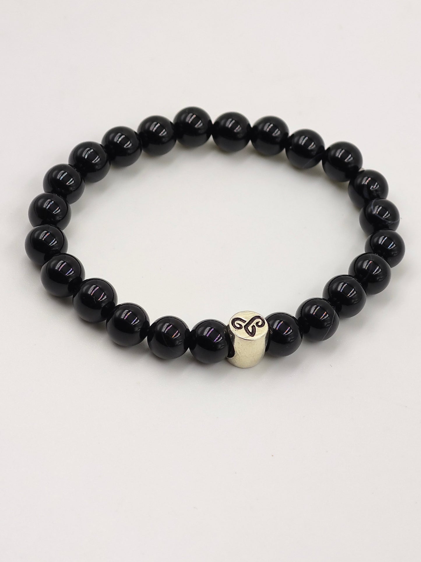 BLACK OBSIDIAN BEADED BAND WITH SILVER G.O.A.T SIGNATURE ROUND DRUM CLASP