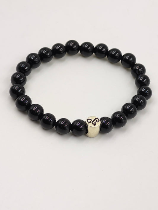 BLACK OBSIDIAN BEADED BAND WITH SILVER G.O.A.T SIGNATURE ROUND DRUM CLASP