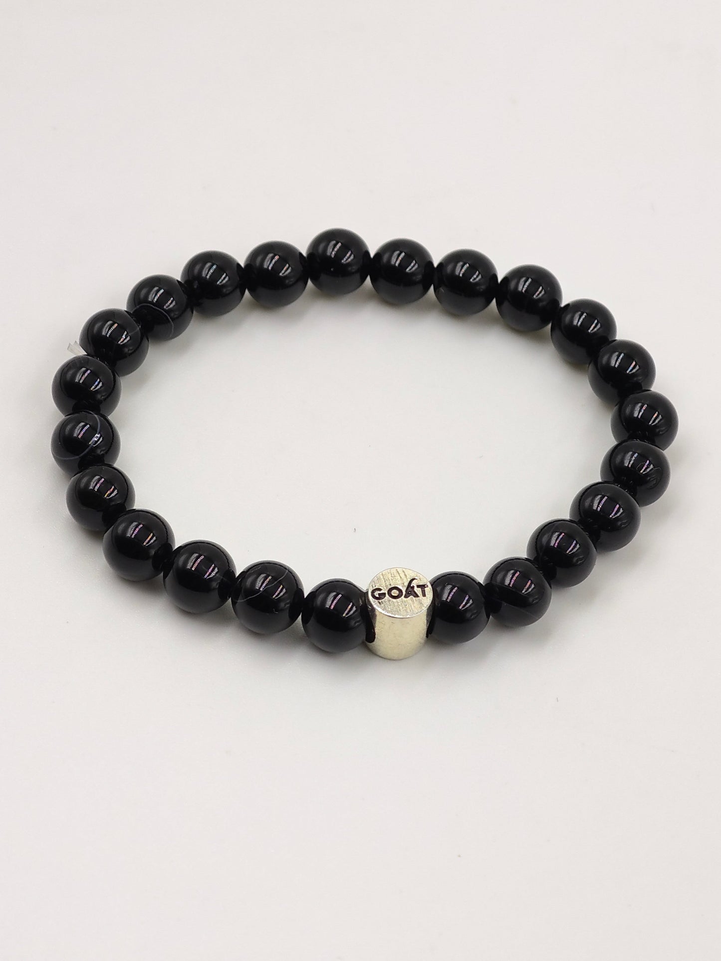 BLACK OBSIDIAN BEADED BAND WITH SILVER G.O.A.T SIGNATURE ROUND DRUM CLASP