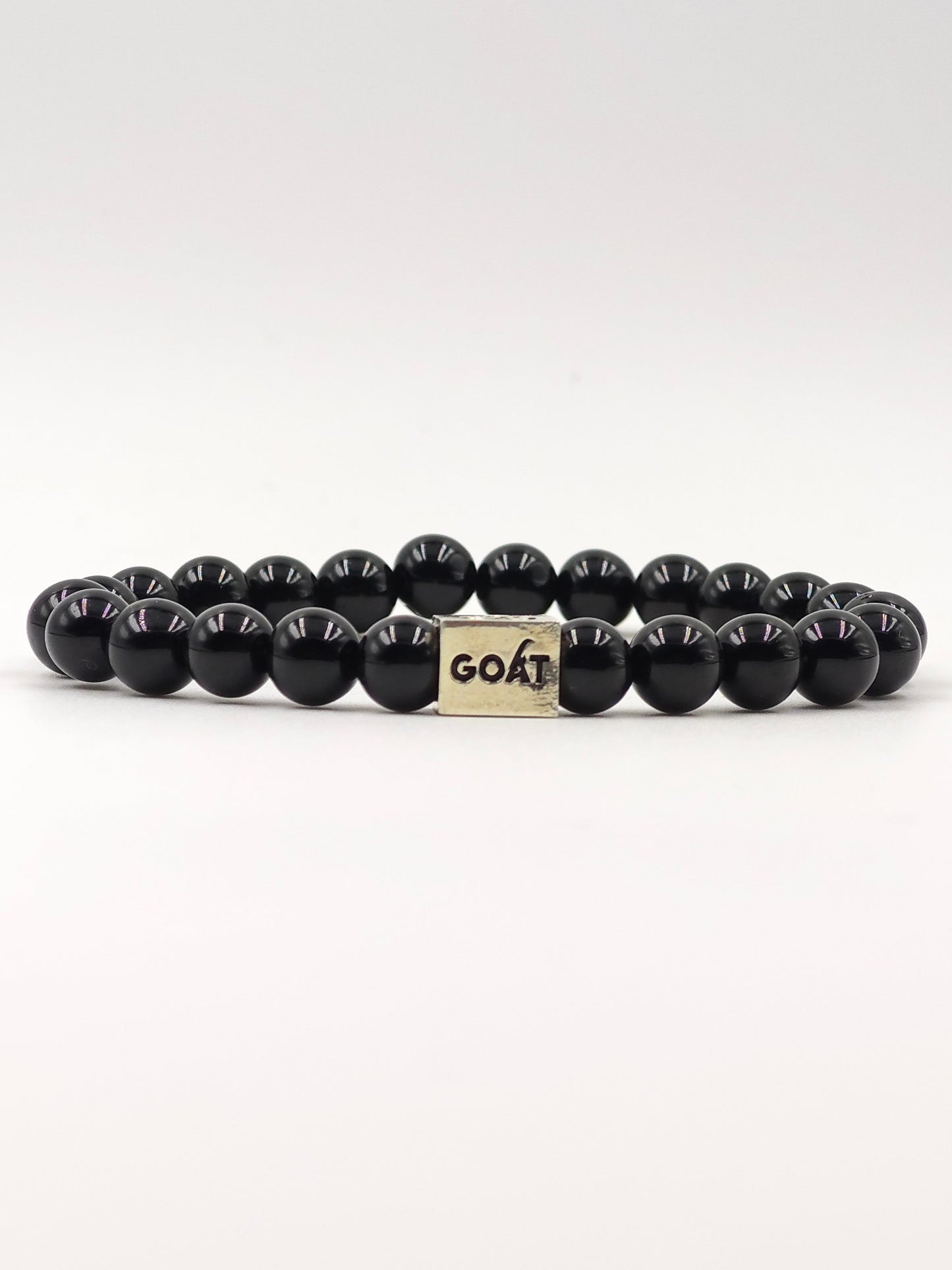 BLACK OBSIDIAN BEADED BAND WITH SILVER G.O.A.T SIGNATURE RECTANGLE DRUM CLASP