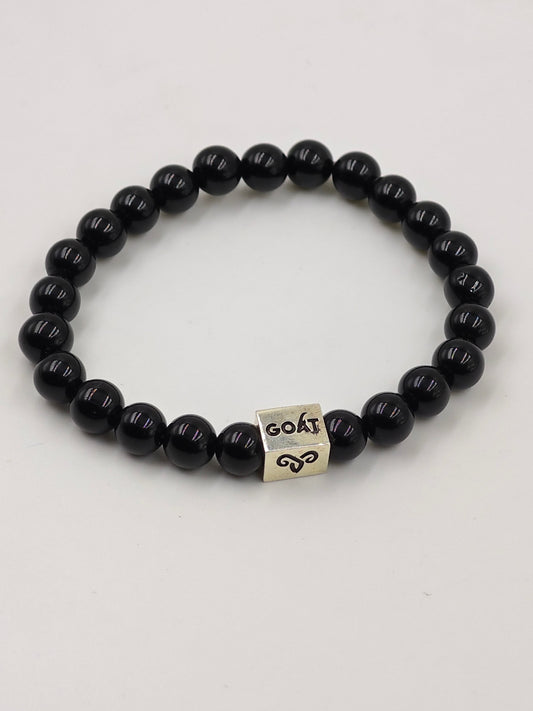 BLACK OBSIDIAN BEADED BAND WITH SILVER G.O.A.T SIGNATURE RECTANGLE DRUM CLASP