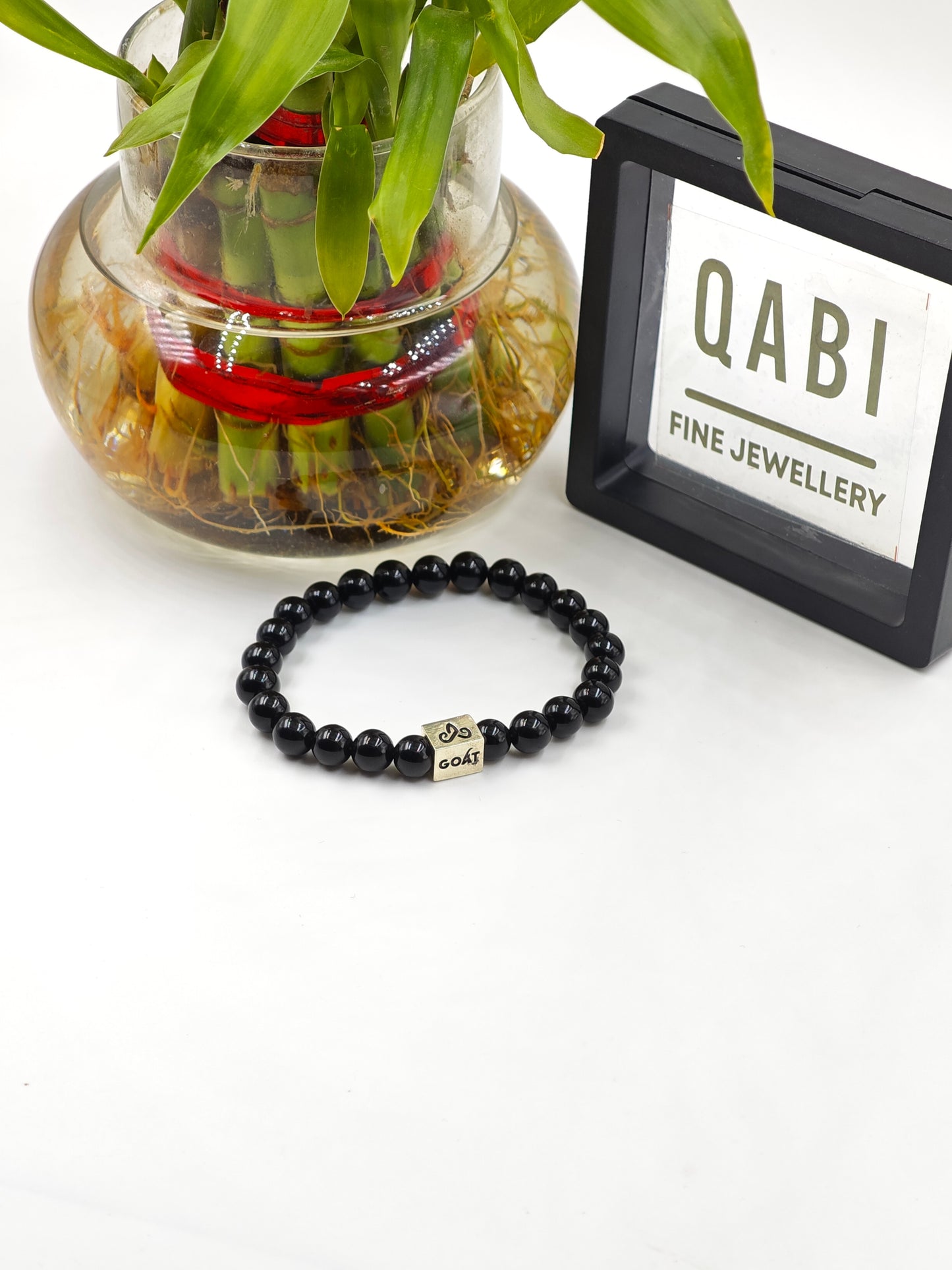 BLACK OBSIDIAN BEADED BAND WITH SILVER G.O.A.T SIGNATURE RECTANGLE DRUM CLASP