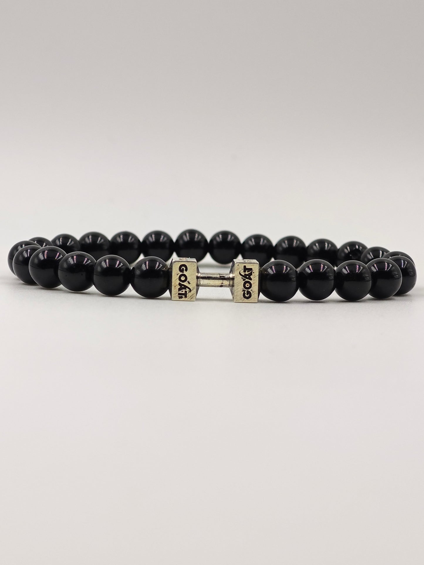 BLACK OBSIDINA BEADED BAND WITH SILVER G.O.A.T SIGNATURE DUMBLE CLASP