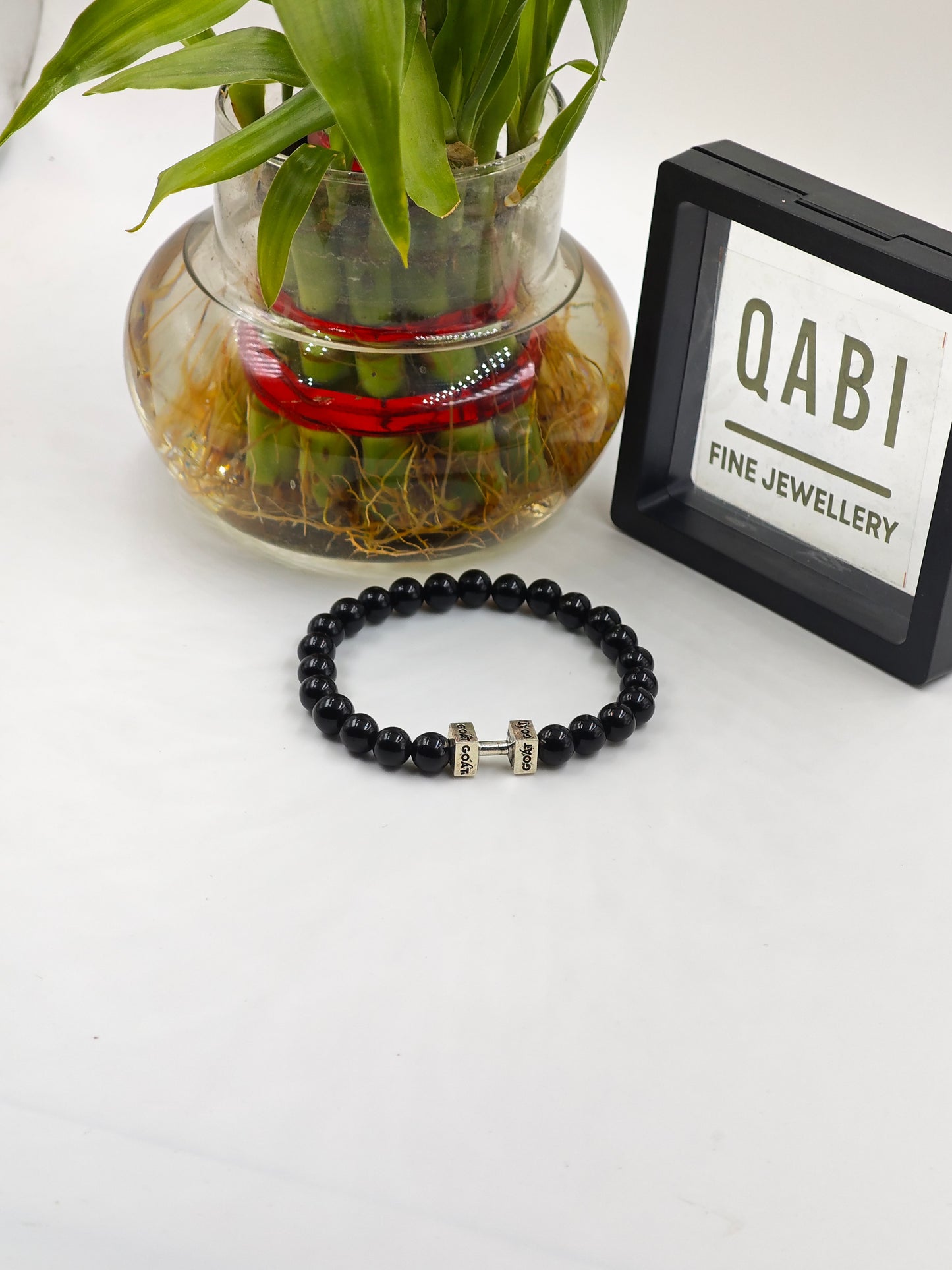 BLACK OBSIDINA BEADED BAND WITH SILVER G.O.A.T SIGNATURE DUMBLE CLASP