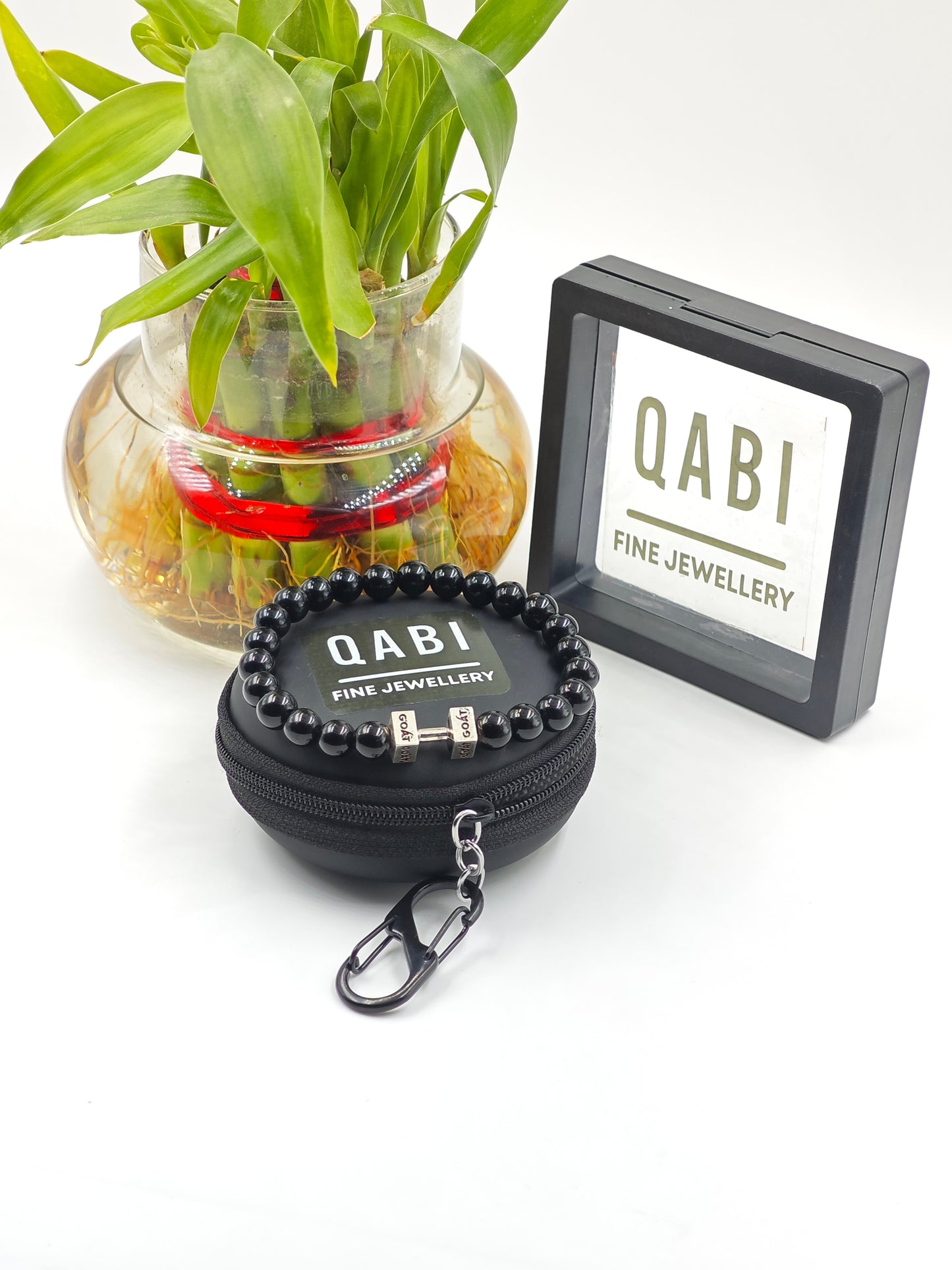 BLACK OBSIDINA BEADED BAND WITH SILVER G.O.A.T SIGNATURE DUMBLE CLASP