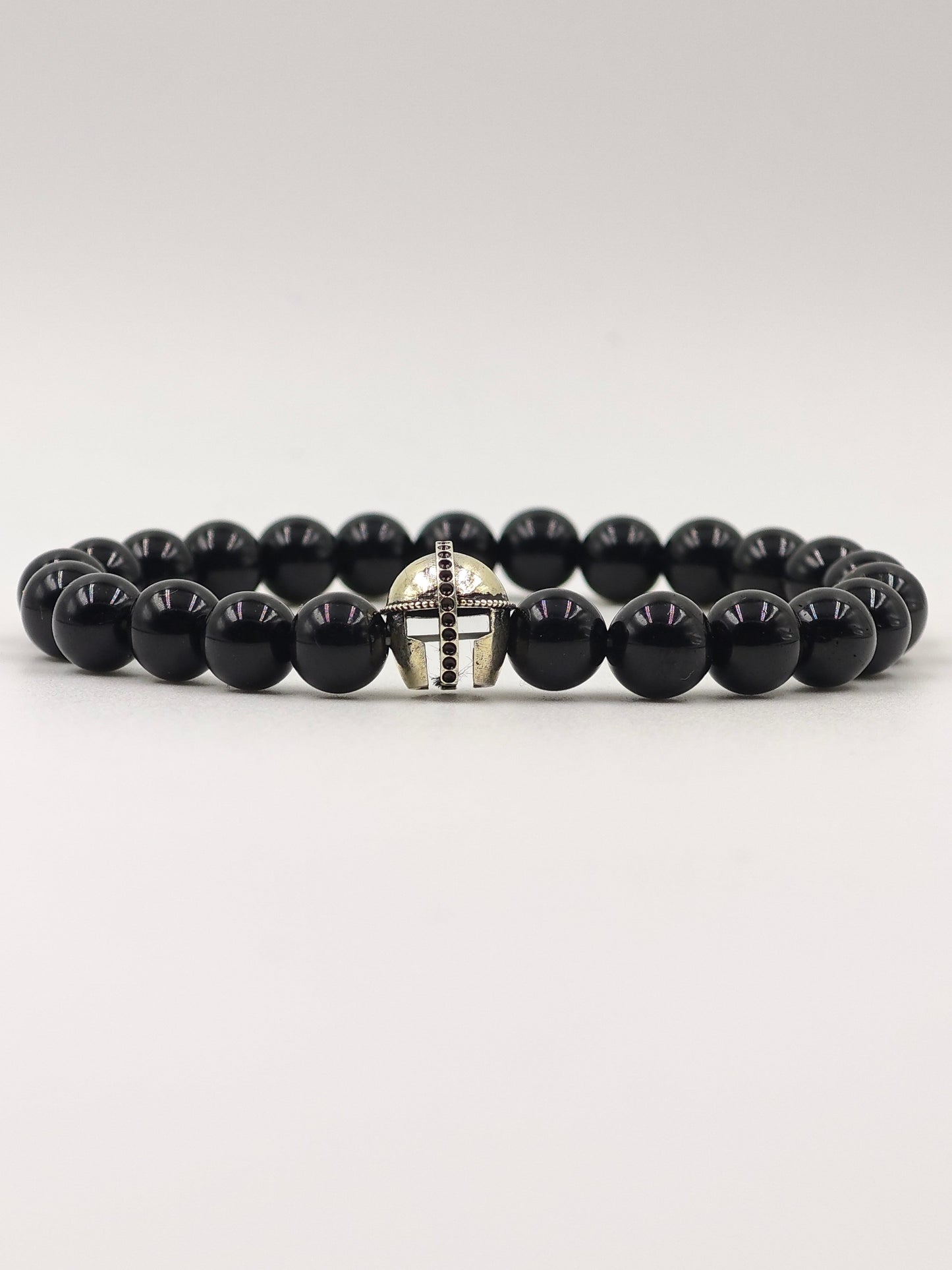 BLACK OBSIDIAN BEADED BAND WITH SILVER WARRIOR CAP CLASP