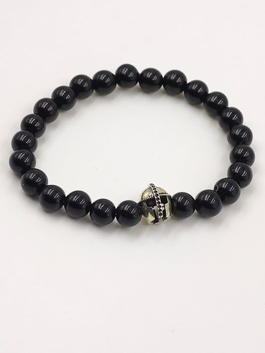 BLACK OBSIDIAN BEADED BAND WITH SILVER WARRIOR CAP CLASP