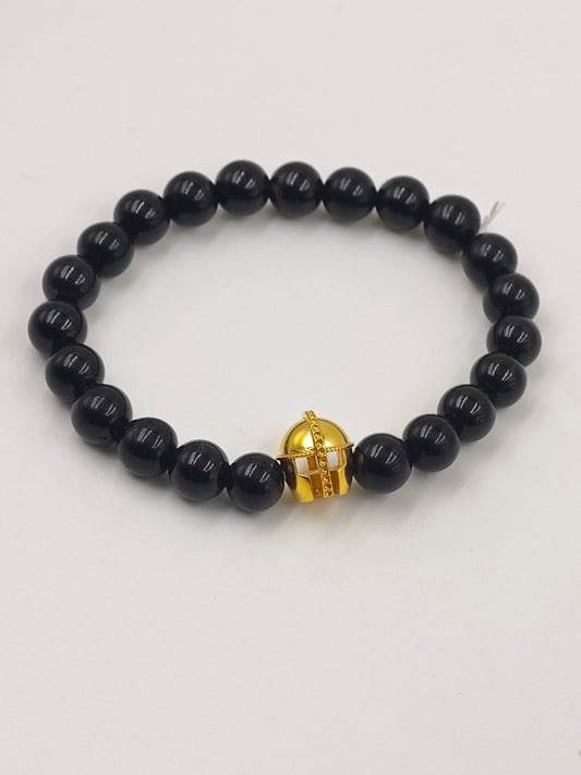 BLACK OBSIDIAN  BEADED BAND WITH SILVER WARRIOR CAP GOLD PLATTED