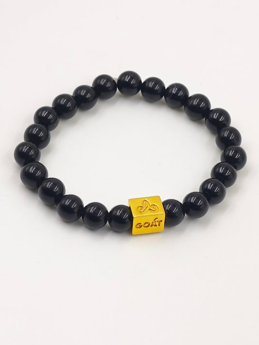 BLACK OBSIDIAN BEADED BAND WITH G.O.A.T SIGNATURE GOLD PLATTED SILVER CLASP