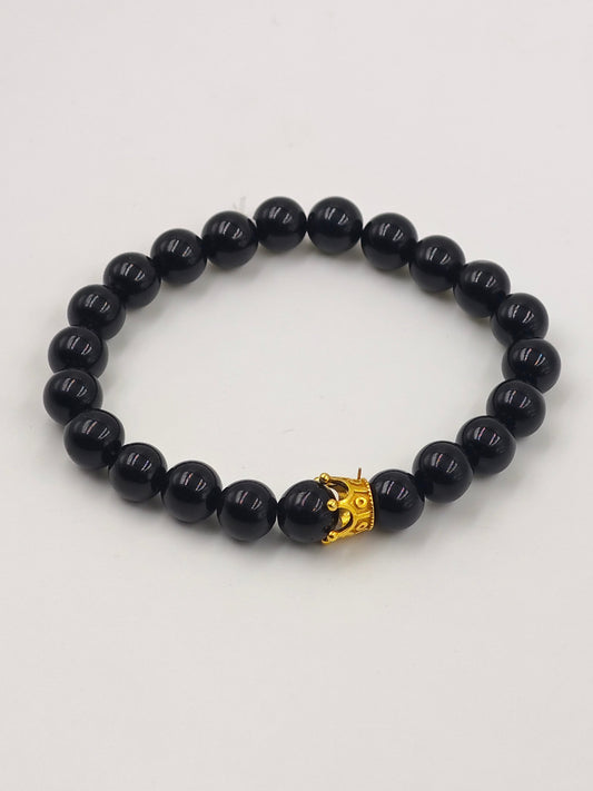 BLACK OBSIDIAN BEADED BAND WITH SILVER CROWN CLASP GOLD PLATTED