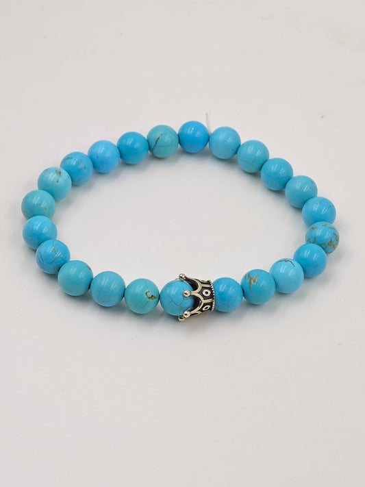 TURQUOISE STONE BEADED BAND WITH SILVER CROWN CLASP