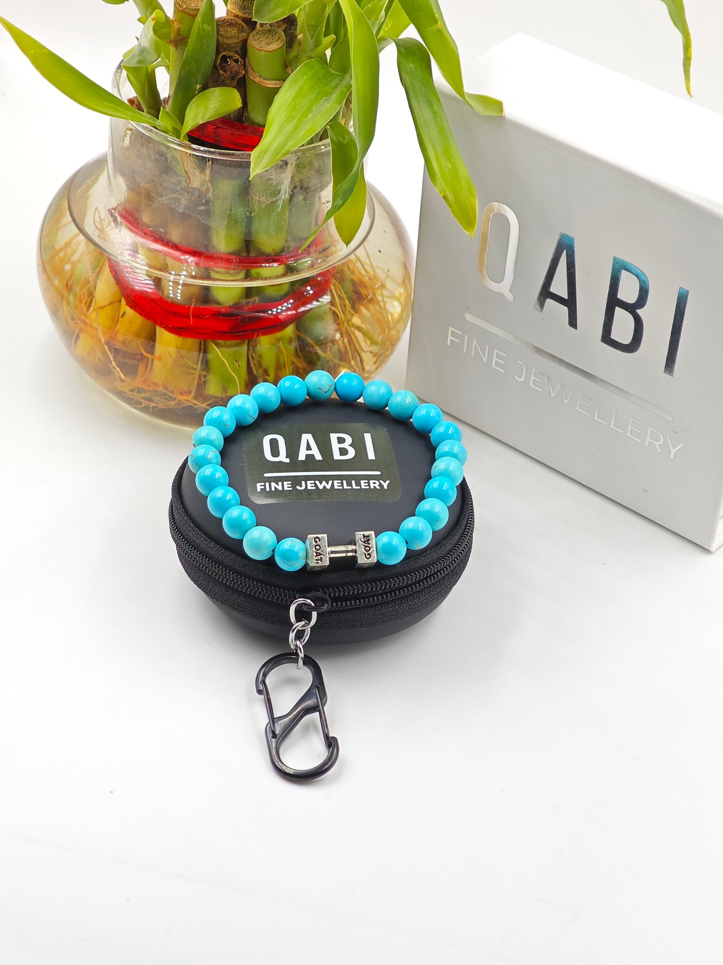 TURQUOISE STONE BEADED BAND WITH SILVER G.O.A.T SIGNATURE DUMBLE CLASP