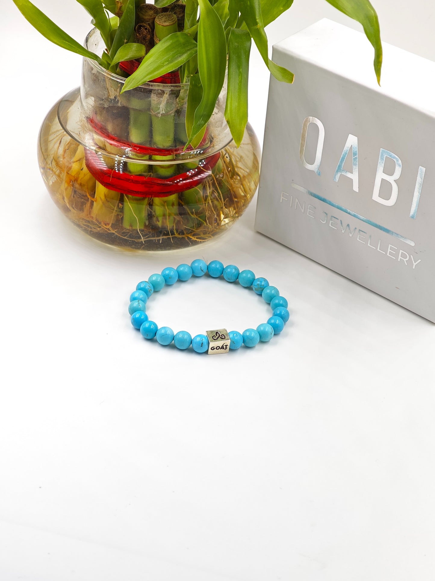 TURQUOISE STONE BEADED BAND WITH SILVER G.O.A.T SIGNATURE RECTANGLE DRUM CLASP