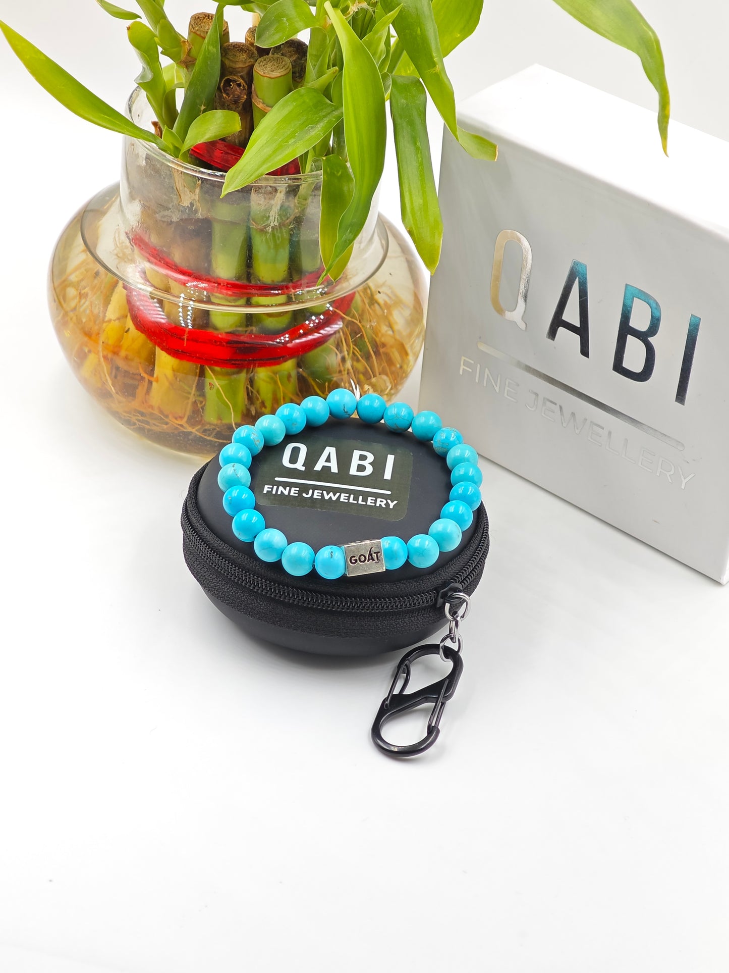 TURQUOISE STONE BEADED BAND WITH SILVER G.O.A.T SIGNATURE RECTANGLE DRUM CLASP