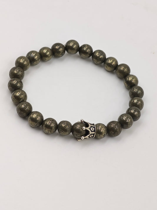 PYRITE STONE BEADED BAND WITH SILVER CROWN CLASP