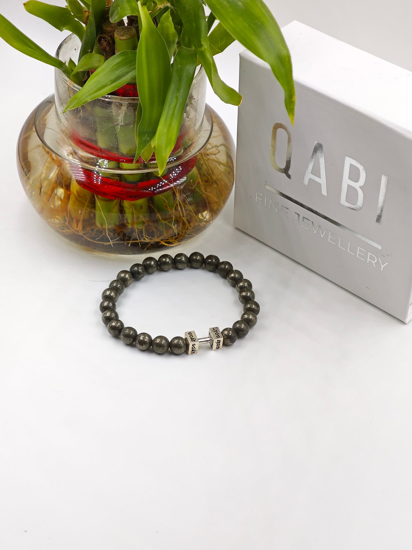 PYRITE STONE BEADED BAND WITH SILVER G.O.A.T SIGNATURE DUMBLE CLASP