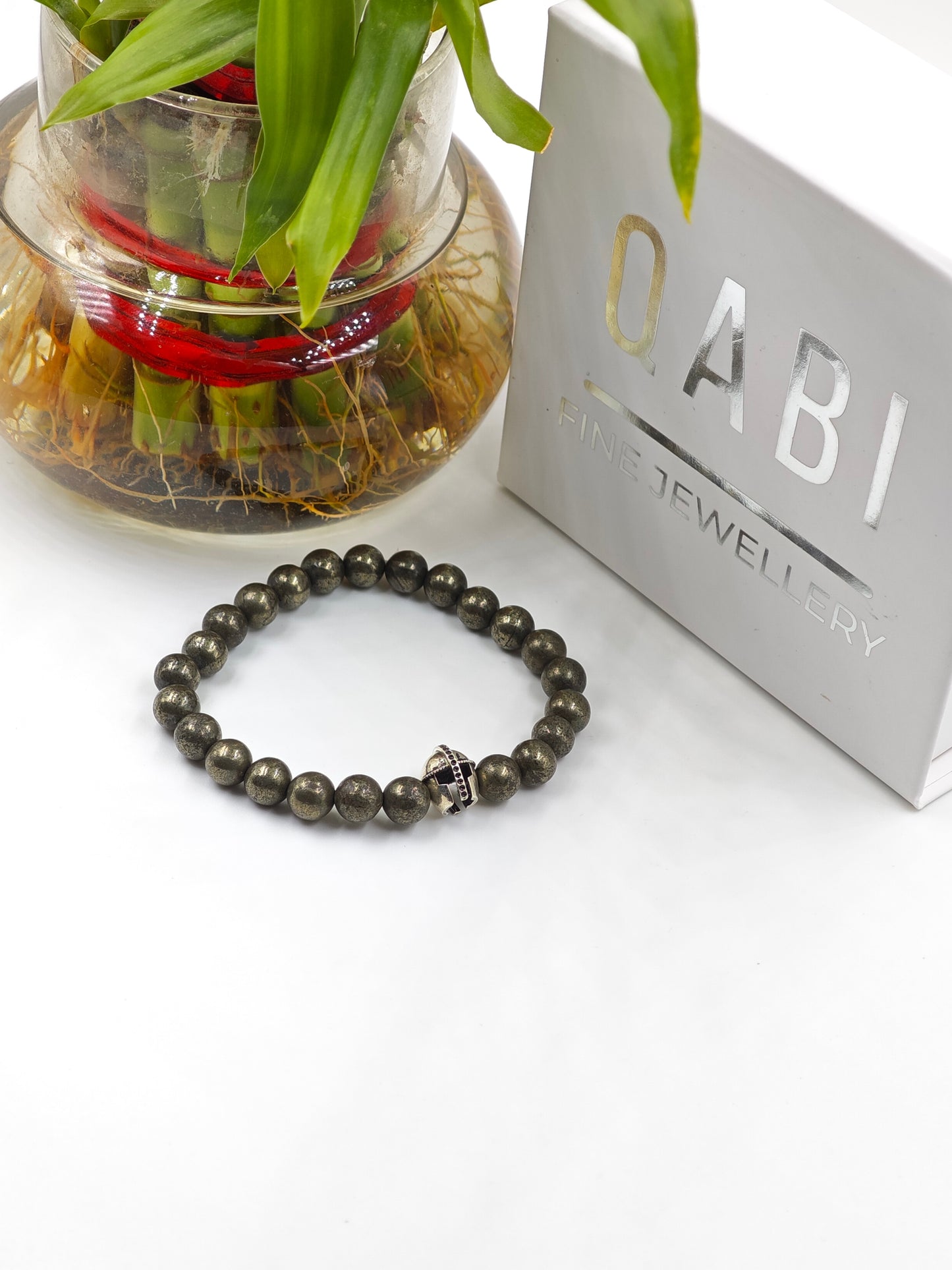 PYRITE STONE BEADED BAND WITH SILVER WARRIOR CAP CLASP