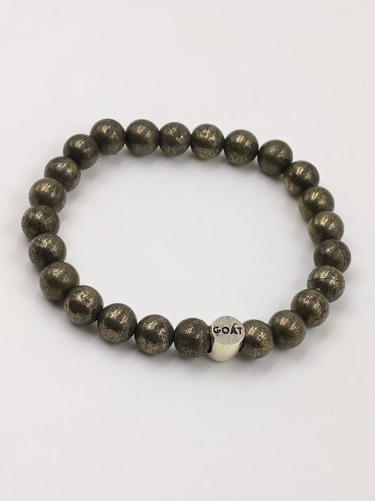 PYRITE STONE BEADED BAND WITH SILVER G.O.A.T SIGNATURE DRUM CLASP