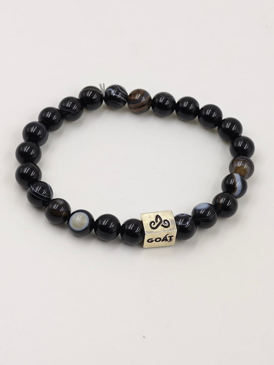 BLACK OBSIDIAN BEADED BAND WITH SILVER G.O.A.T SIGNATURE RECTANGLE DRUM CLASP