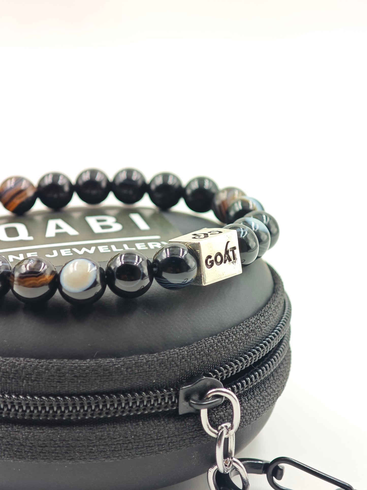 BLACK OBSIDIAN BEADED BAND WITH SILVER G.O.A.T SIGNATURE RECTANGLE DRUM CLASP