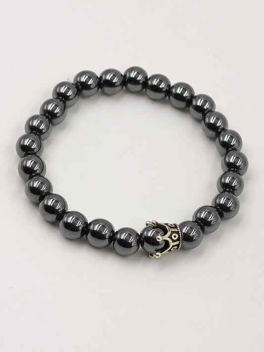 HEMATITE BEADED BAND WITH SILVER CROWN CLASP